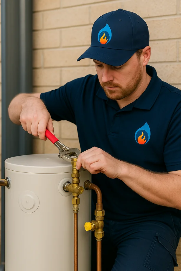 hot-water-gas-installation-vertical Technician installing gas hot water system
